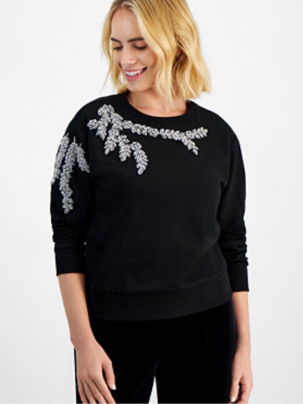 I.N.C. Black Embellished Crewneck Sweatshirt